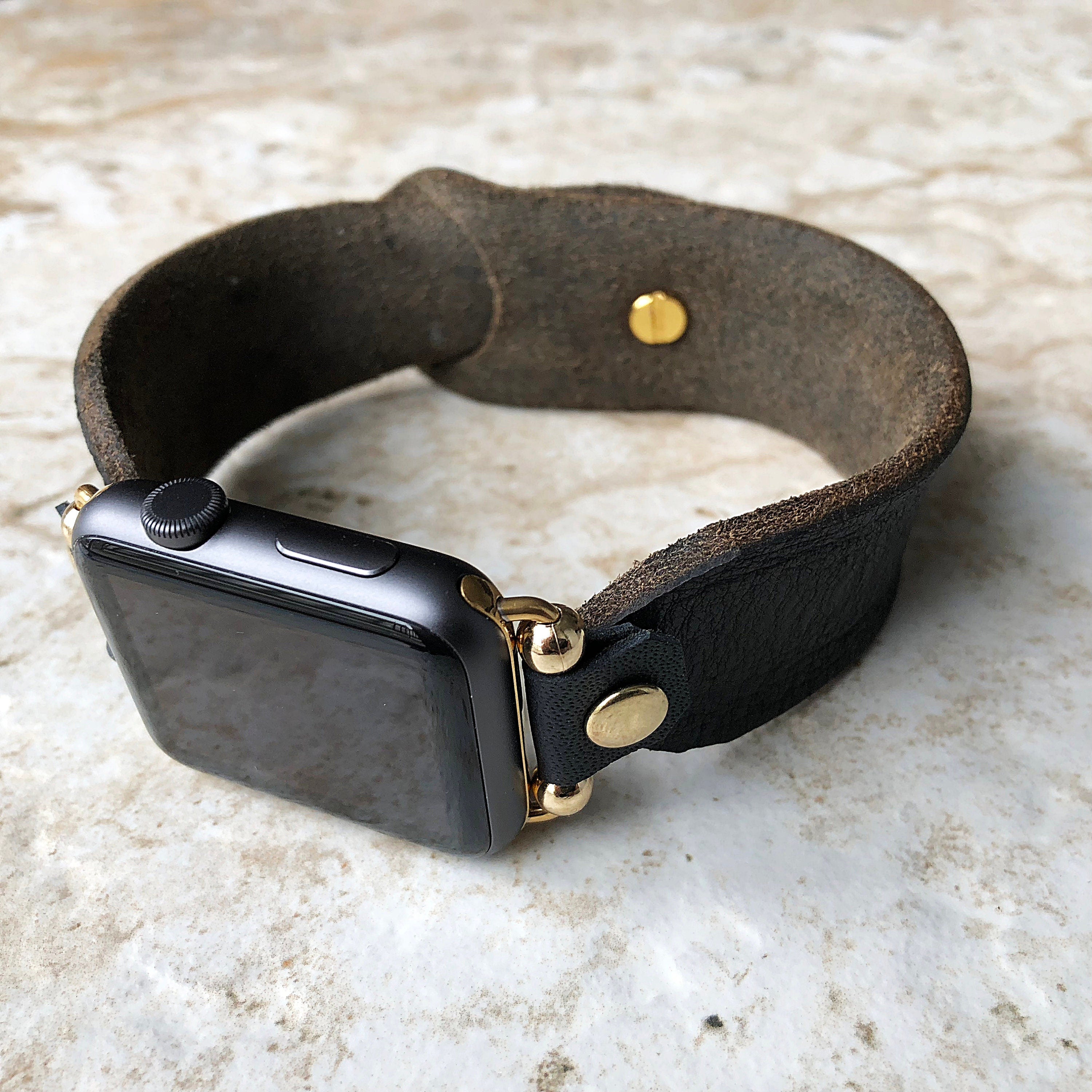 Apple Watch Ultra 2 and 9 8 Series Black Distressed Leather Band Bracelet for iWatch 41mm 45mm 49mm Case Handmade Strap Gold Stainless Steel